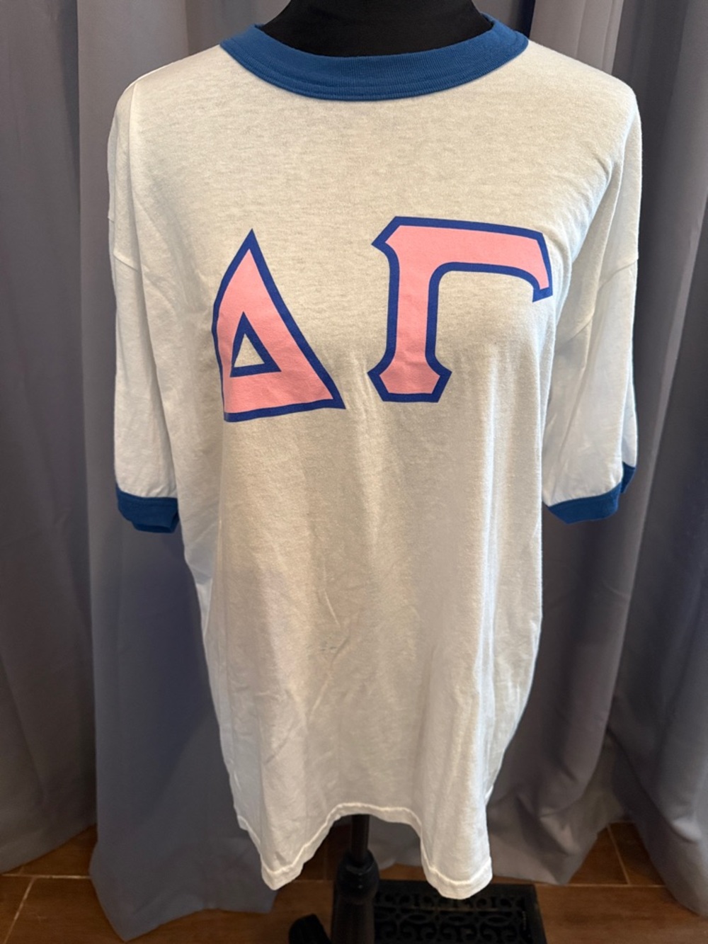 BRAND NEW Delta Gamma White Ringer Tee with Pink & Blue Greek Letters